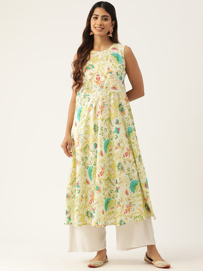 Feranoid Cotton Printed Sleeveless A-Line Flared Kurti FRKT6334