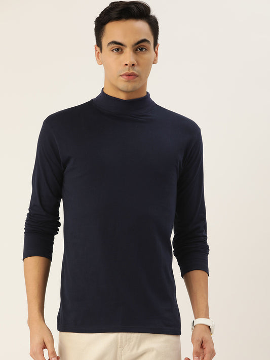 Men Navy Blue High Neck Bio Finish T-Shirt