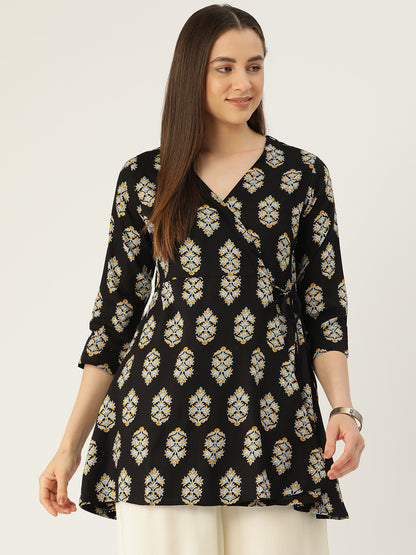 Floral Print Angrakha 3\4 Sleeves Flared Kurti FRKT6473