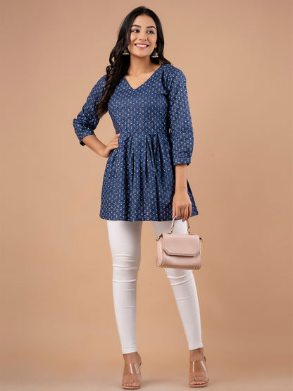 Ethnic Motifs Printed Gathers Cotton Tunic FRKT6125
