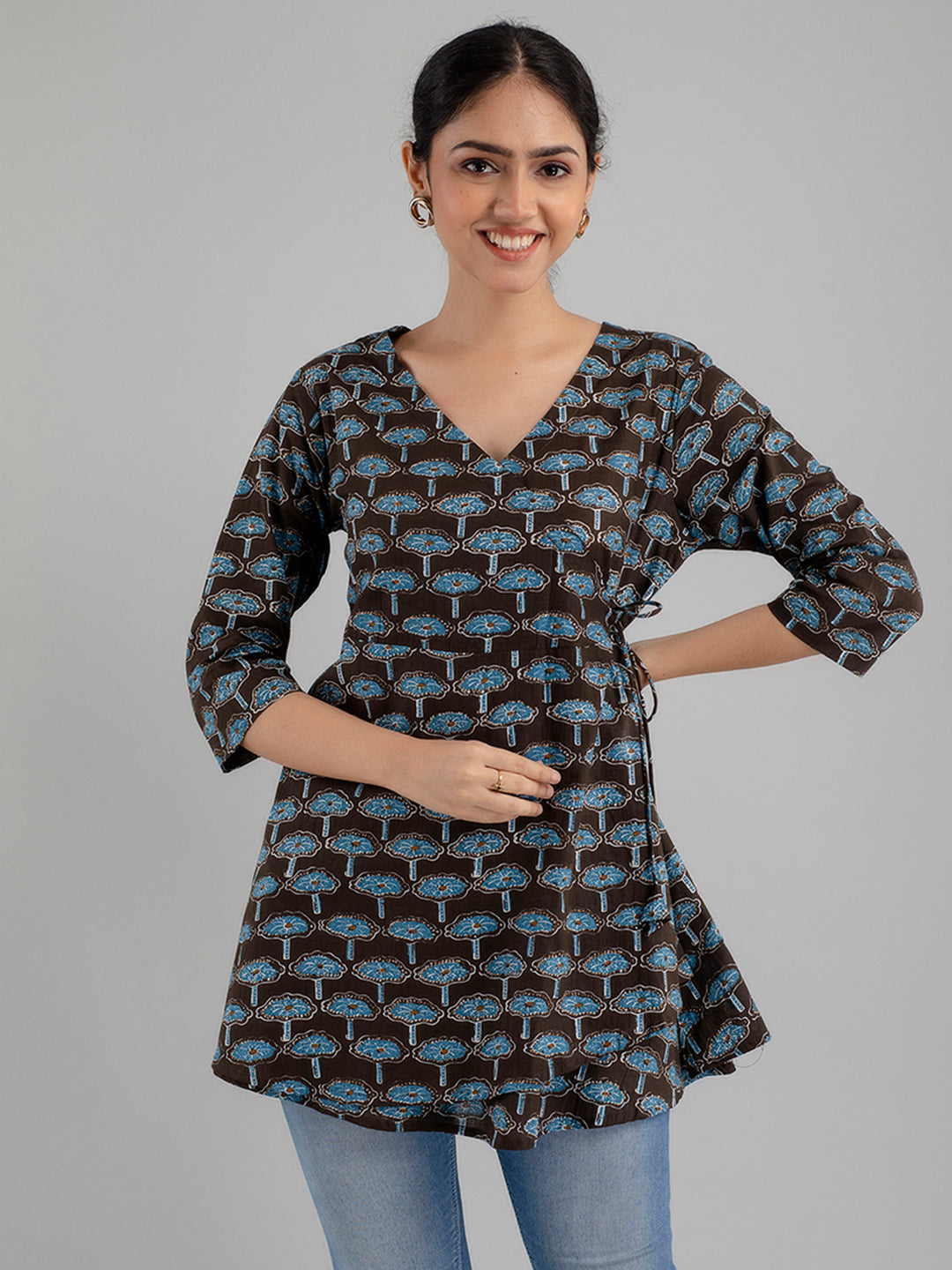 Floral Printed V-Neck Pure Cotton Angrakha A-Line Kurti FRKT6175