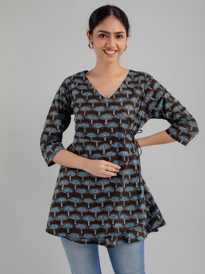 Floral Printed V-Neck Pure Cotton Angrakha A-Line Kurti FRKT6175