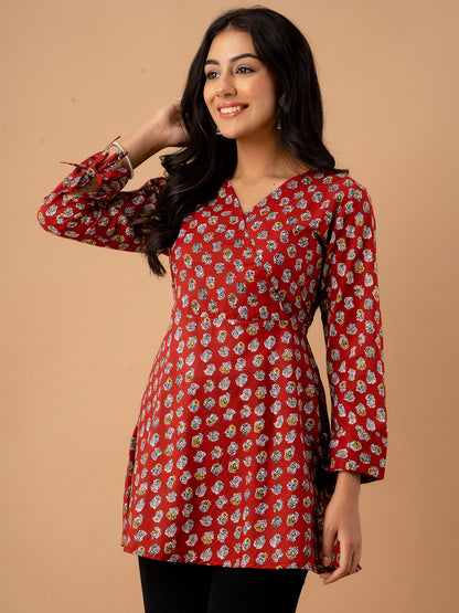 Ethnic Motifs Printed Gathers Cotton Tunic FRKT6128