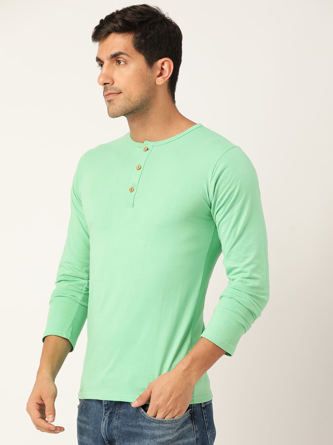 Plain Lime Green Henley Full Sleeves T-Shirt