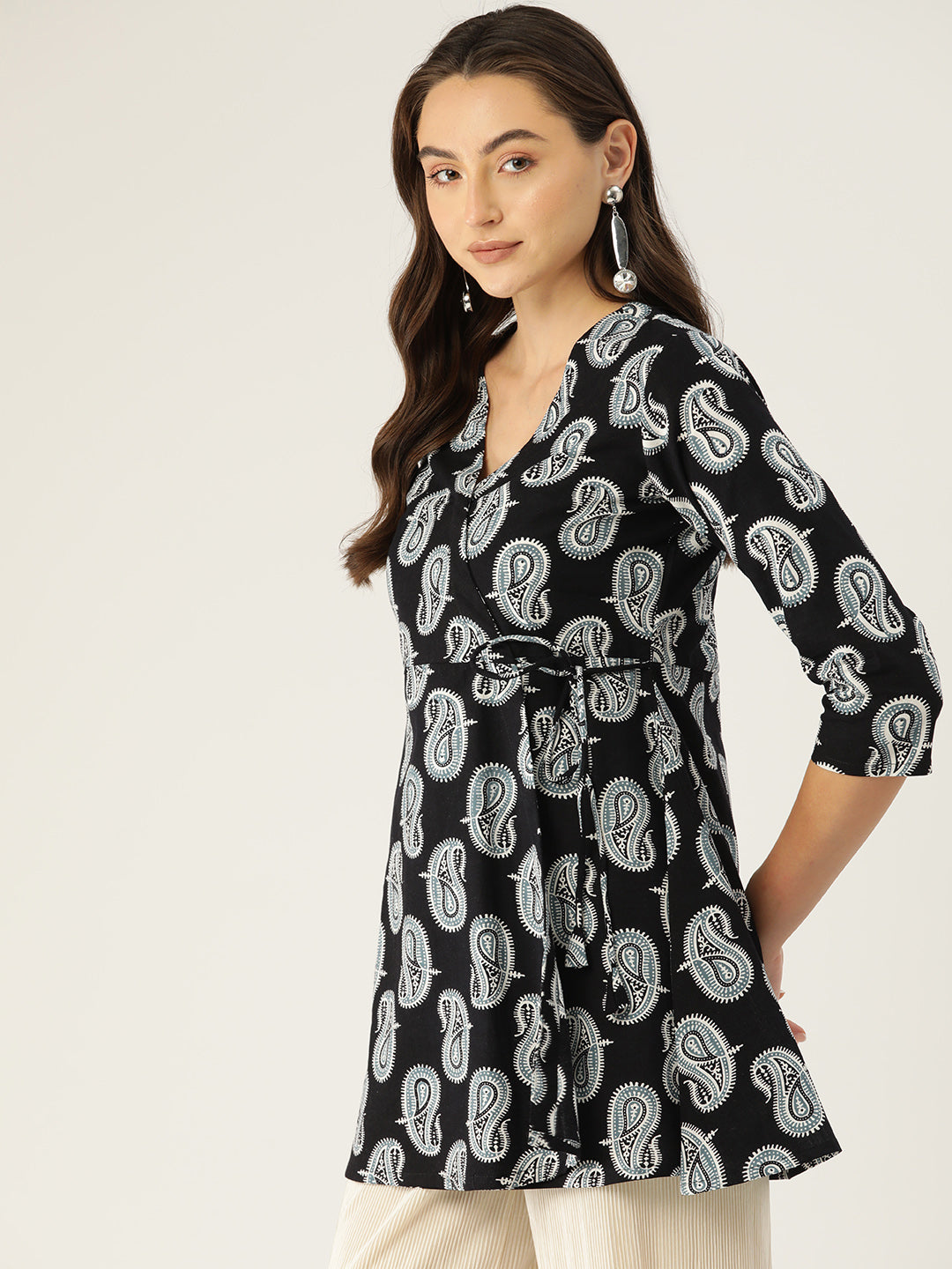 Floral Print Angrakha 3\4 Sleeves Flared Kurti FRKT6475