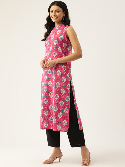 Feranoid Cotton Printed Sleeveless Straight Long Kurti FRKT6330