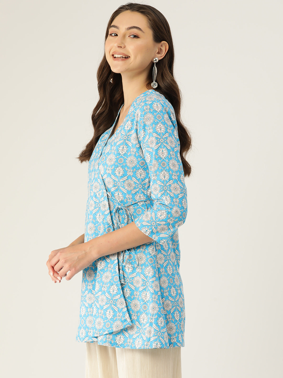Floral Print Angrakha 3\4 Sleeves Flared Kurti FRKT6472