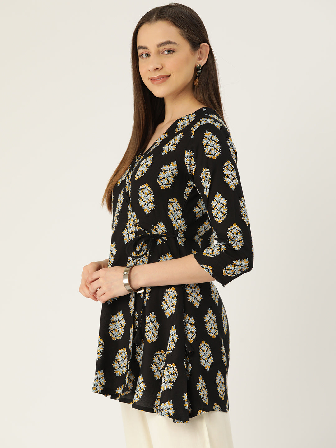 Floral Print Angrakha 3\4 Sleeves Flared Kurti FRKT6473