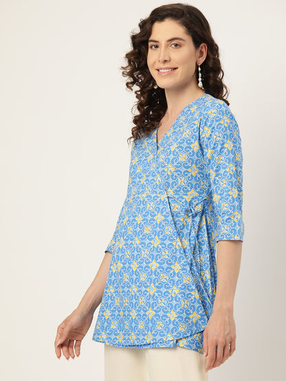 Floral Print Angrakha 3\4 Sleeves Flared Kurti FRKT6480
