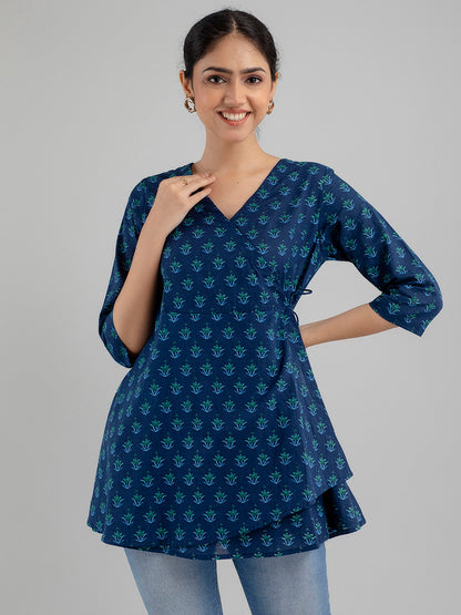 Floral Printed V-Neck Pure Cotton Angrakha A-Line Kurti FRKT6174