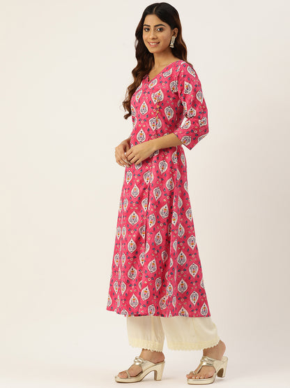 Floral Print 4 Button Angrakha Long Kurti FRKT6434