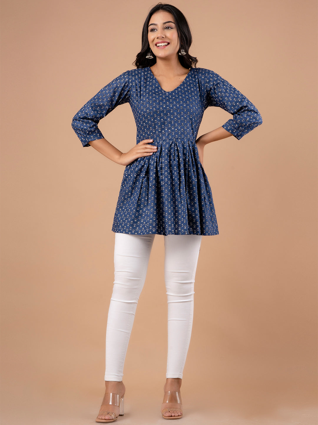 Ethnic Motifs Printed Gathers Cotton Tunic FRKT6125