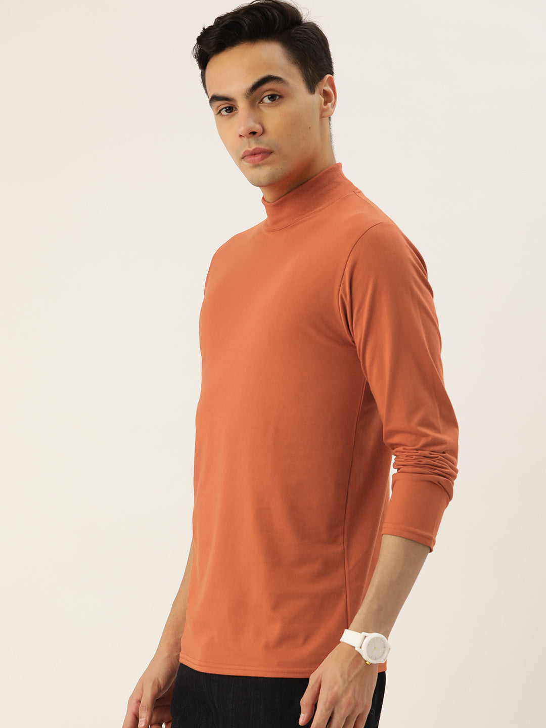 Men Rust Brown High Neck Bio Finish T-Shirt