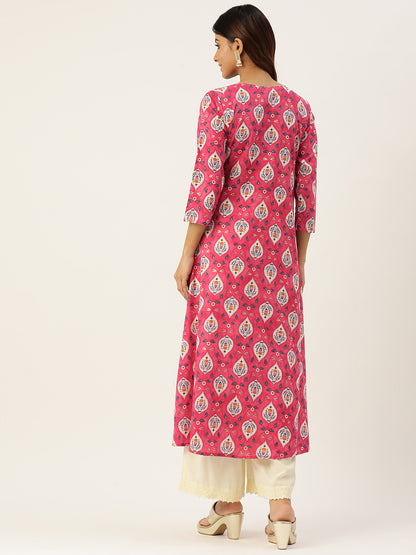 Floral Print 4 Button Angrakha Long Kurti FRKT6434