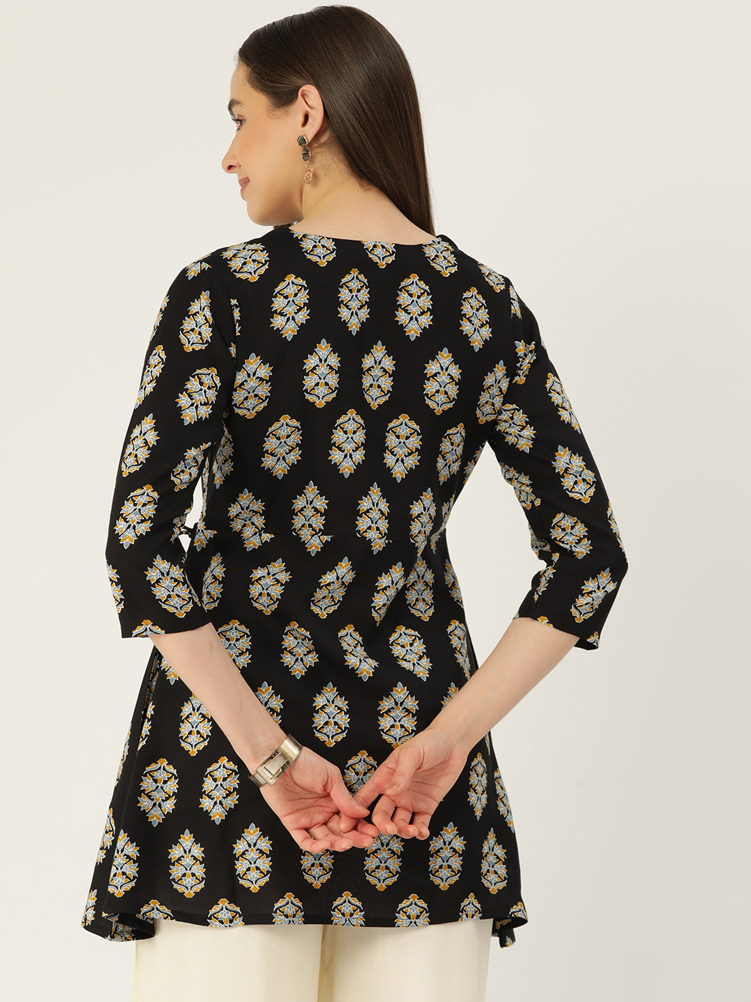 Floral Print Angrakha 3\4 Sleeves Flared Kurti FRKT6473