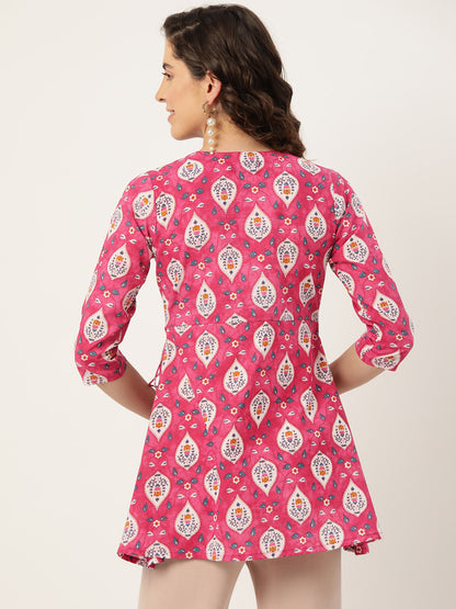 Floral Print Angrakha 3\4 Sleeves Flared Kurti