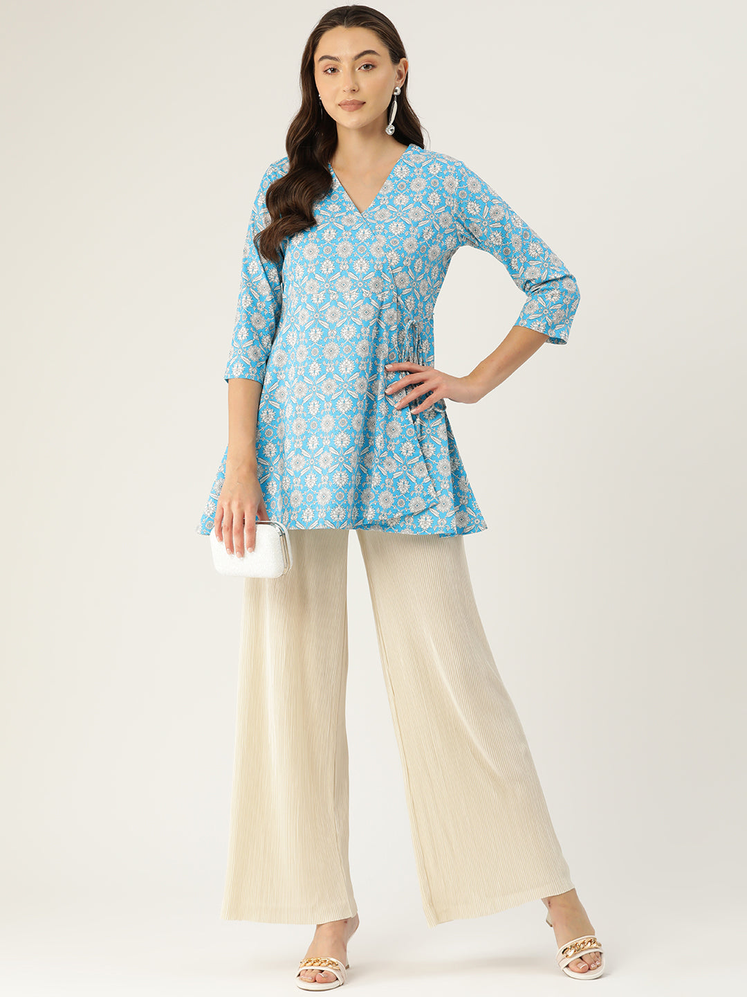 Floral Print Angrakha 3\4 Sleeves Flared Kurti FRKT6472