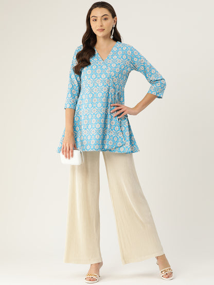 Floral Print Angrakha 3\4 Sleeves Flared Kurti FRKT6472