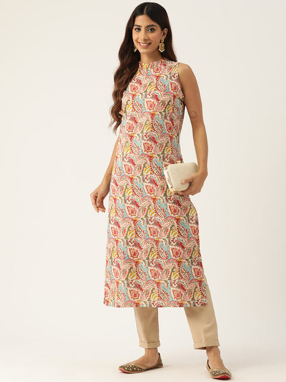 Feranoid Cotton Printed Sleeveless Straight Long Kurti FRKT6329