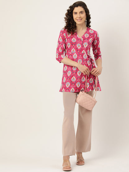 Floral Print Angrakha 3\4 Sleeves Flared Kurti