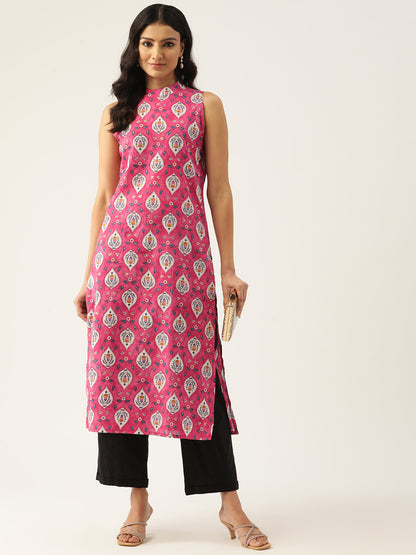 Feranoid Cotton Printed Sleeveless Straight Long Kurti FRKT6330