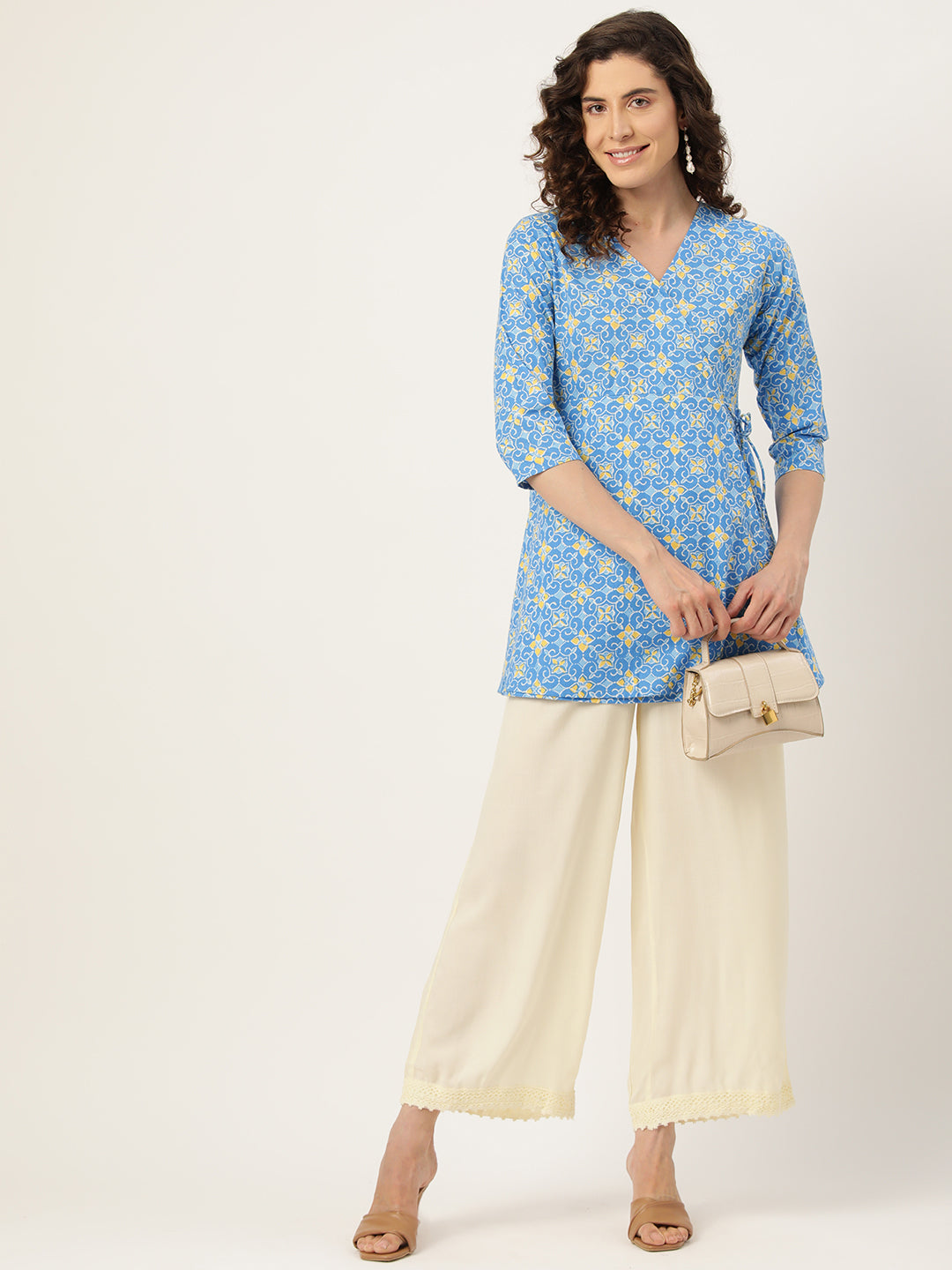 Floral Print Angrakha 3\4 Sleeves Flared Kurti FRKT6480