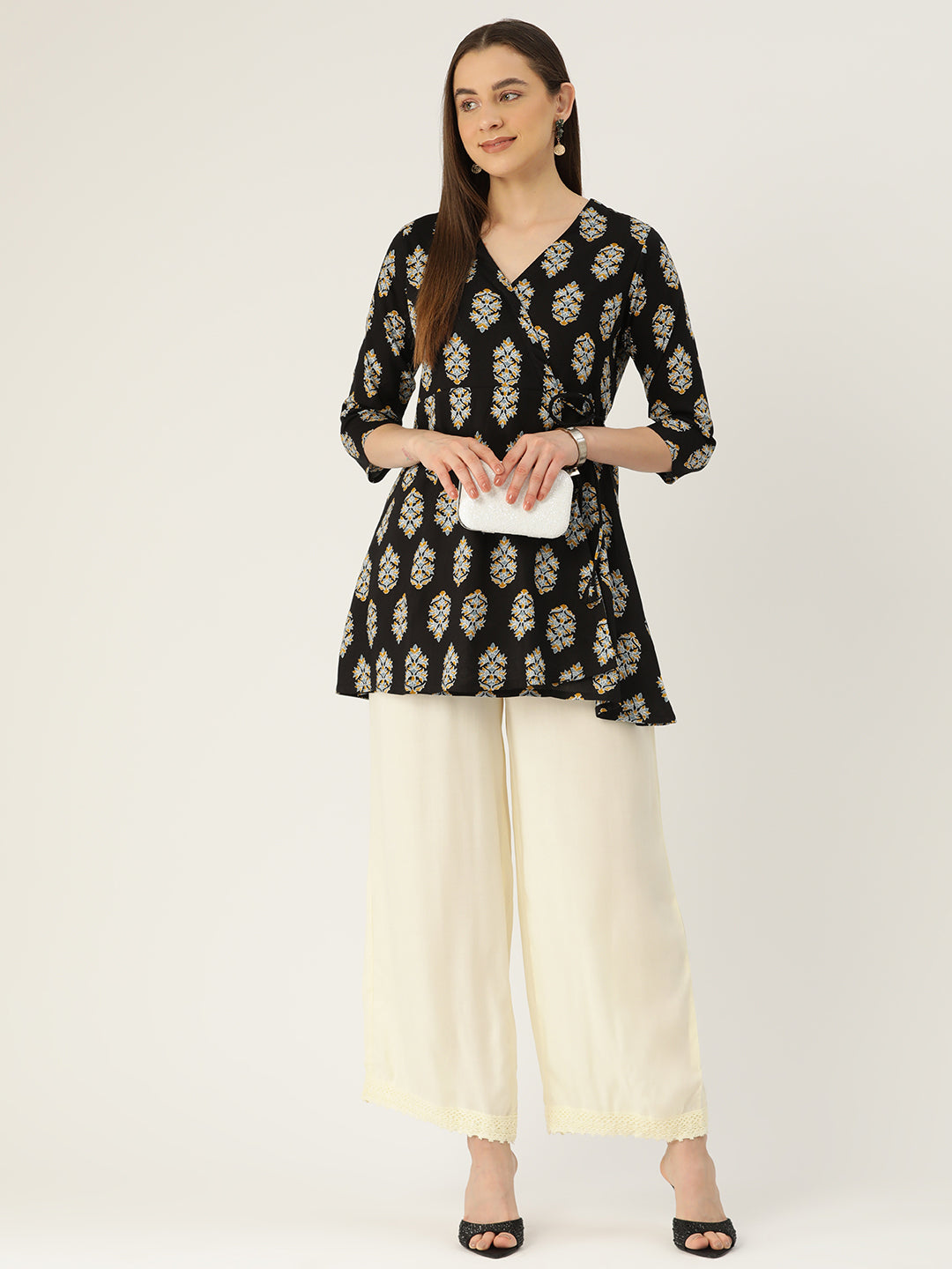 Floral Print Angrakha 3\4 Sleeves Flared Kurti FRKT6473