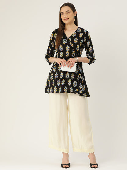Floral Print Angrakha 3\4 Sleeves Flared Kurti FRKT6473