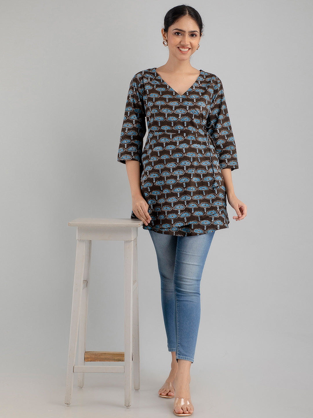 Floral Printed V-Neck Pure Cotton Angrakha A-Line Kurti FRKT6175