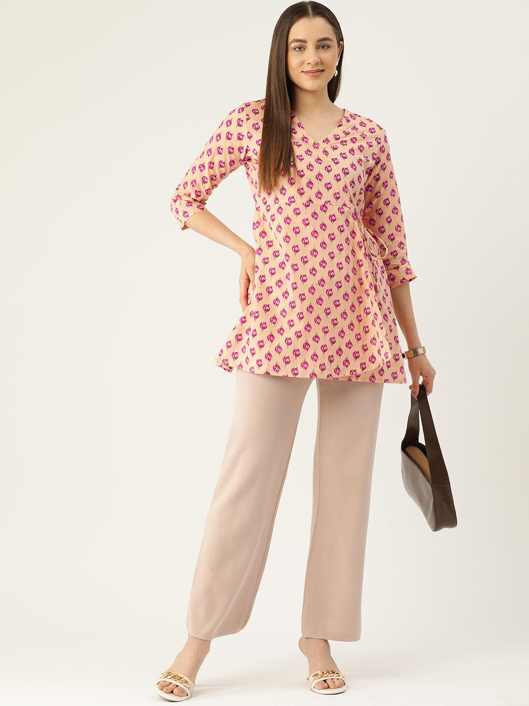 Floral Print Angrakha 3\4 Sleeves Flared Kurti FRKT6483