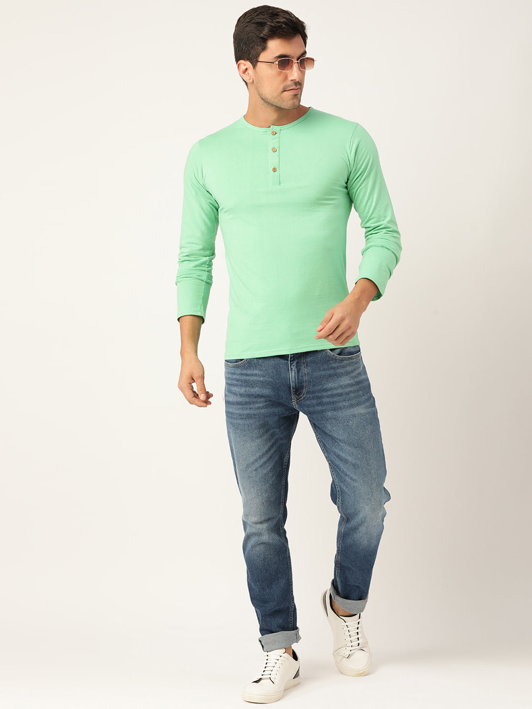 Plain Lime Green Henley Full Sleeves T-Shirt