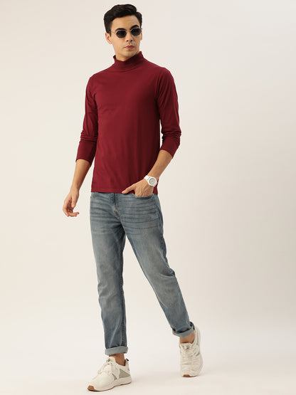 Men Maroon High Neck Bio Finish T-Shirt