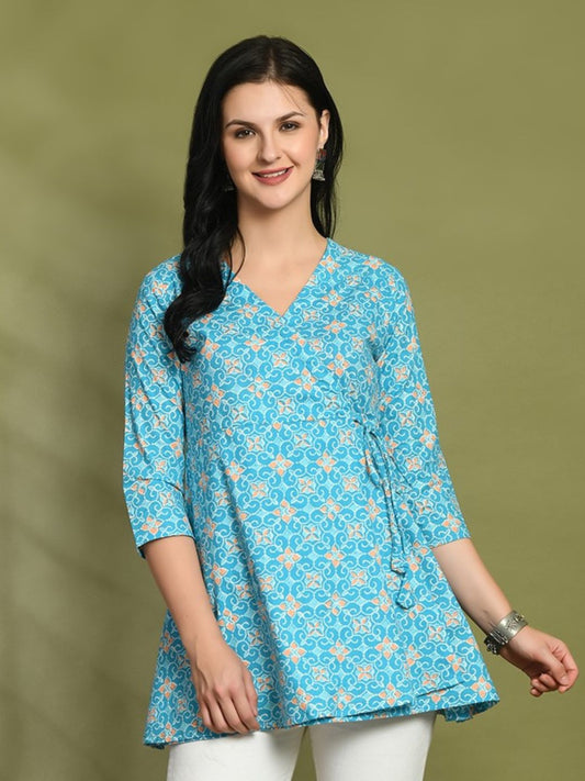 Floral Print Angrakha 3\4 Sleeves Flared Kurti