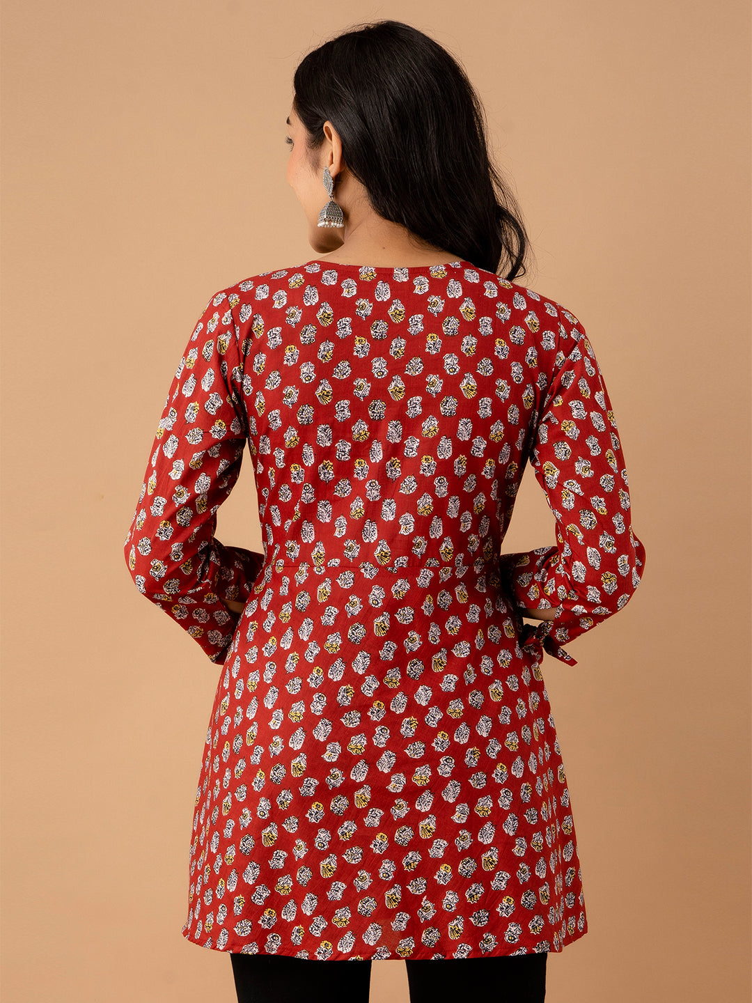 Ethnic Motifs Printed Gathers Cotton Tunic FRKT6128