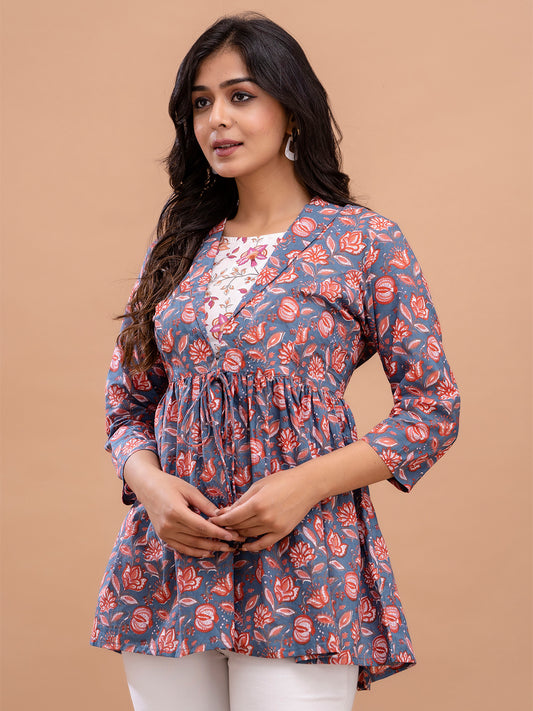 Floral Printed Shirt Collar Pure Cotton Pleated Kurti FRKT6212