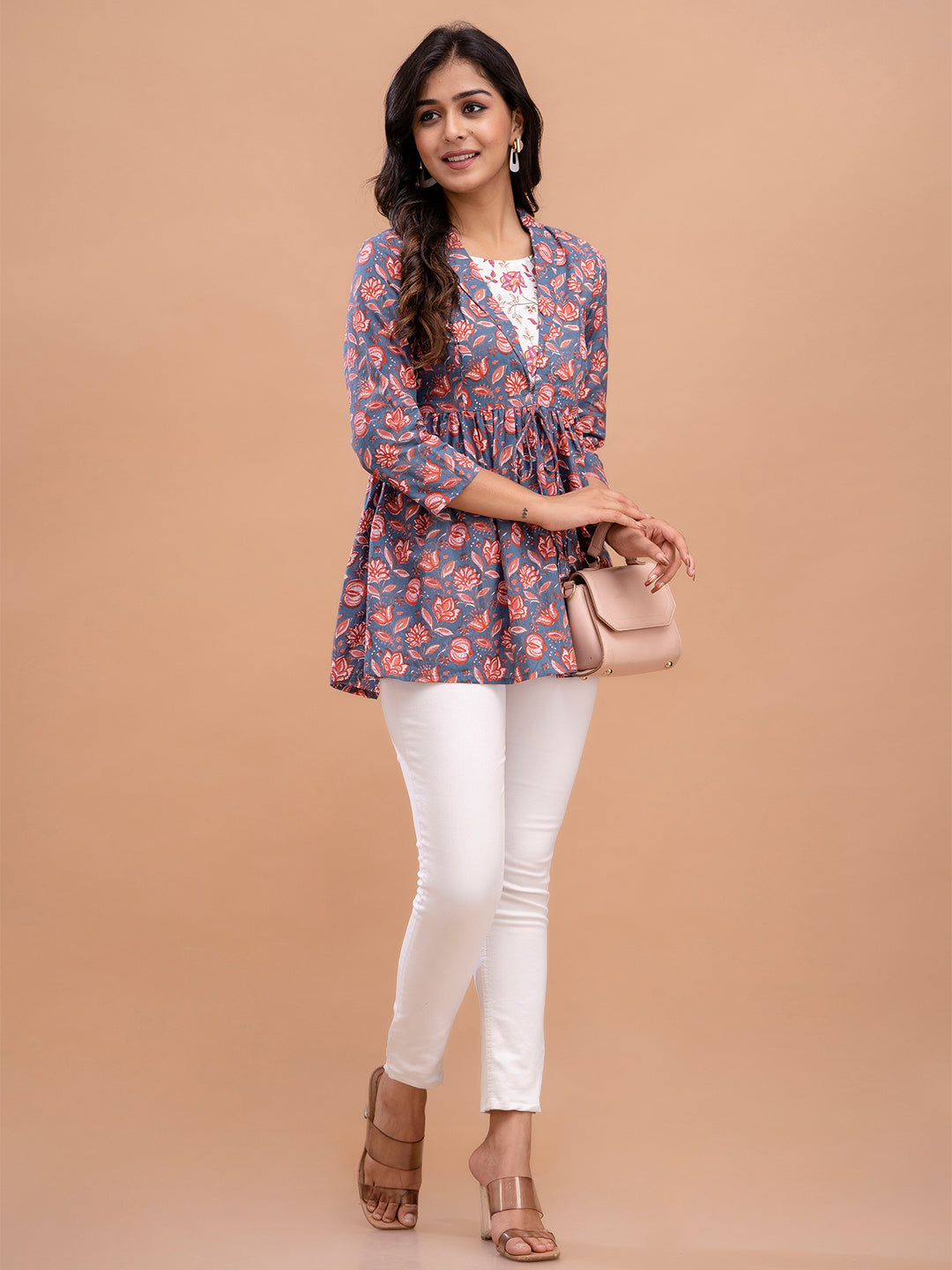 Floral Printed Shirt Collar Pure Cotton Pleated Kurti FRKT6212