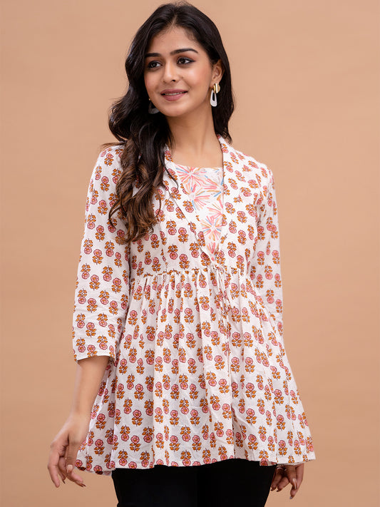 Floral Printed Shirt Collar Pure Cotton Pleated Kurti FRKT6213