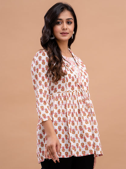 Floral Printed Shirt Collar Pure Cotton Pleated Kurti FRKT6213