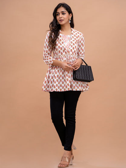 Floral Printed Shirt Collar Pure Cotton Pleated Kurti FRKT6213
