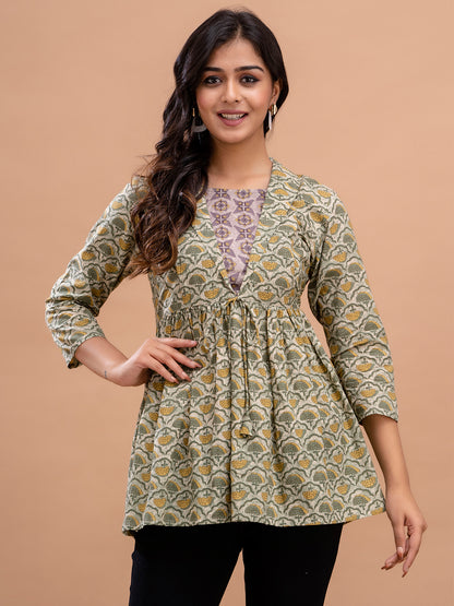 Floral Printed Shirt Collar Pure Cotton Pleated Kurti FRKT6214