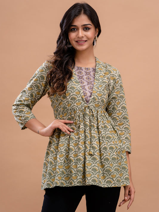 Floral Printed Shirt Collar Pure Cotton Pleated Kurti FRKT6214