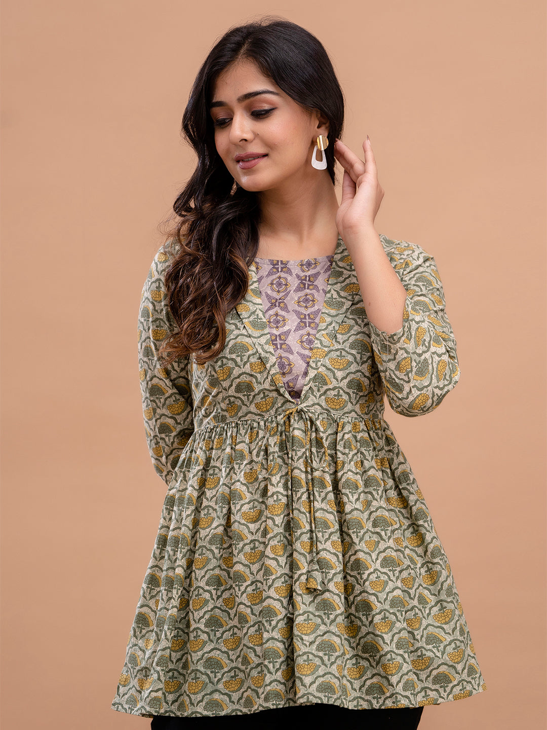 Floral Printed Shirt Collar Pure Cotton Pleated Kurti FRKT6214