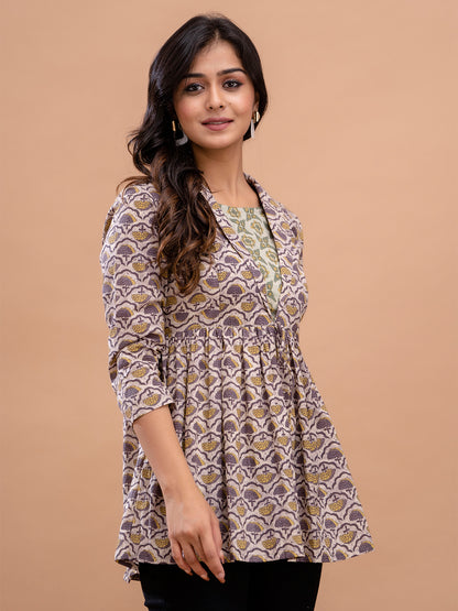 Floral Printed Shirt Collar Pure Cotton Pleated Kurti FRKT6215