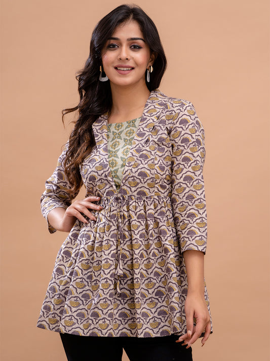 Floral Printed Shirt Collar Pure Cotton Pleated Kurti FRKT6215