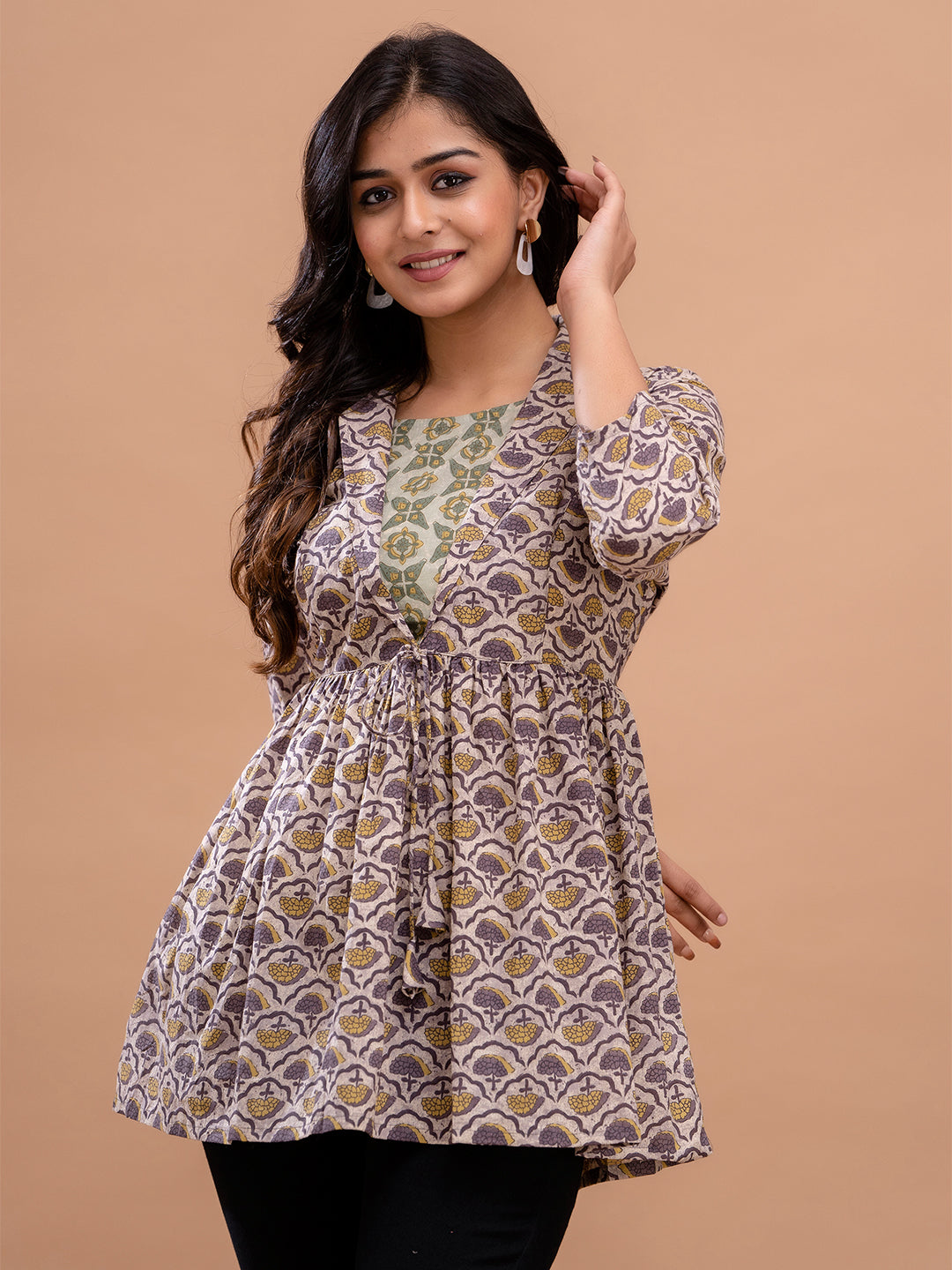 Floral Printed Shirt Collar Pure Cotton Pleated Kurti FRKT6215