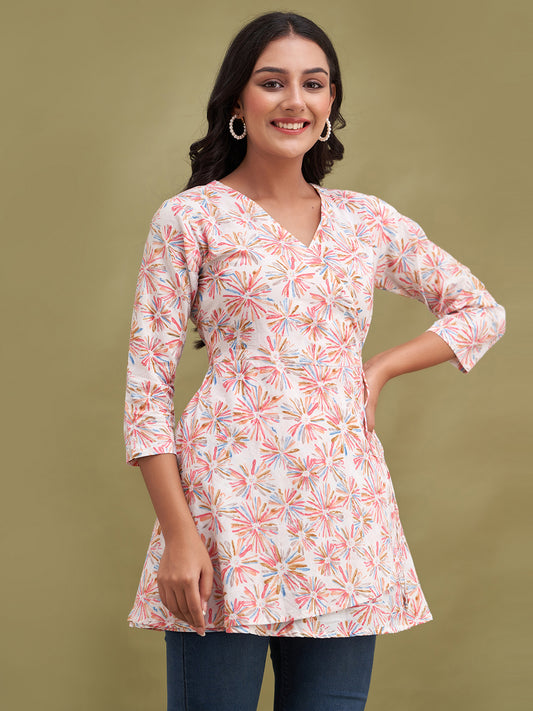 Floral Printed V-Neck Pure Cotton Angrakha A-Line Kurti FRKT6185