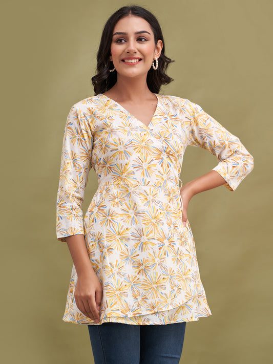 Floral Printed V-Neck Pure Cotton Angrakha A-Line Kurti FRKT6184