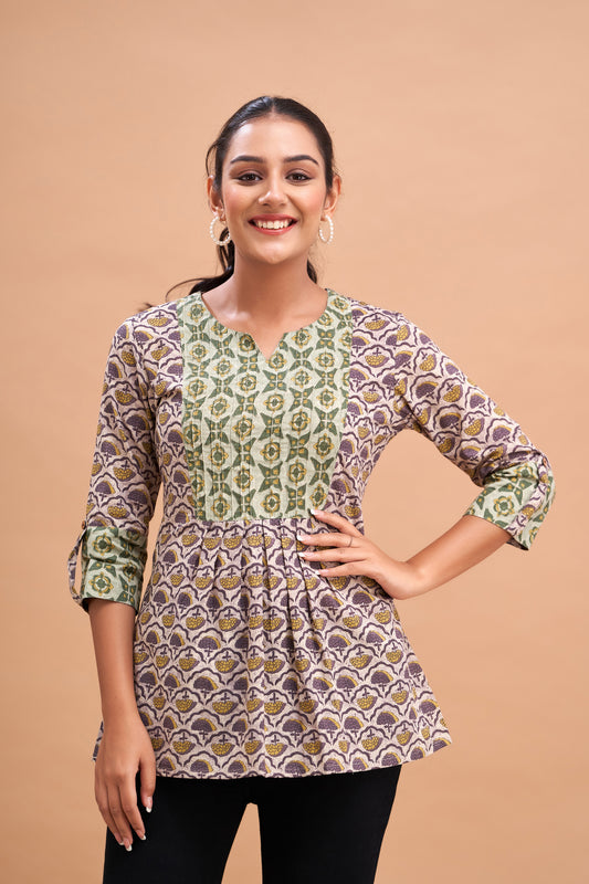 Ethnic Motifs Printed Gathers Cotton Tunic FRKT6221