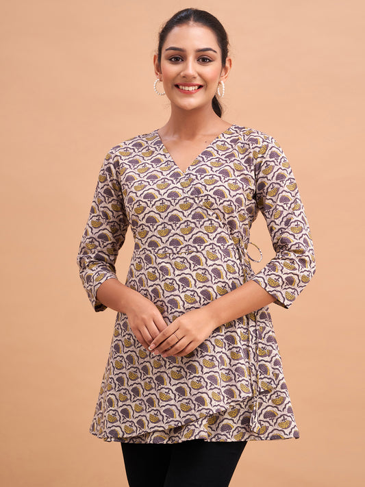 Floral Printed V-Neck Pure Cotton Angrakha A-Line Kurti FRKT6183