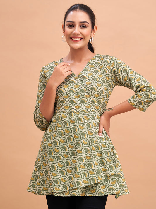 Floral Printed V-Neck Pure Cotton Angrakha A-Line Kurti FRKT6182